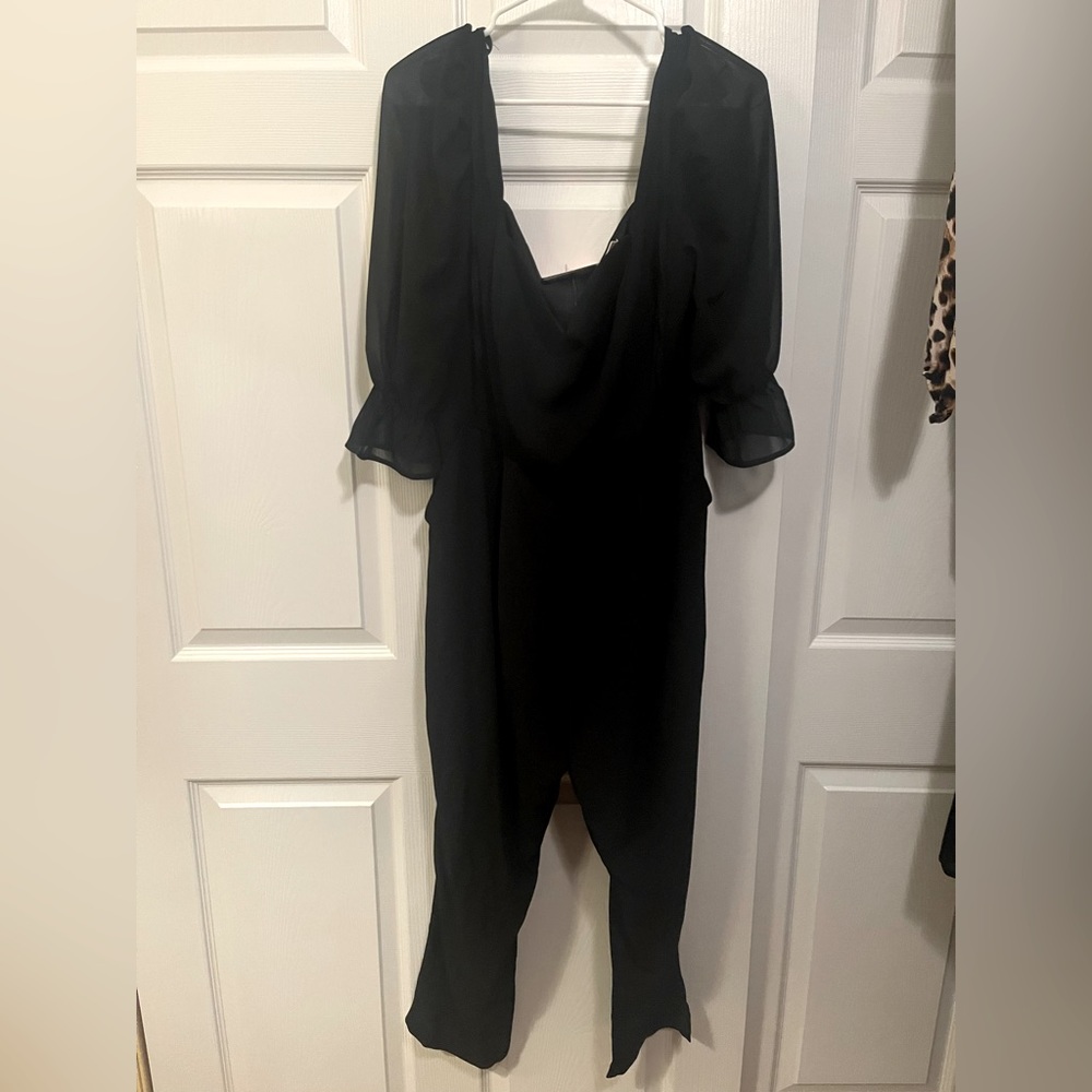 Black formal a-line neckline chiffon sleeve jumpsuit